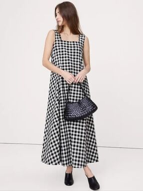 Banana Republic Square-Neck Apron Maxi Dress Size Large In Black Gingham Cotton